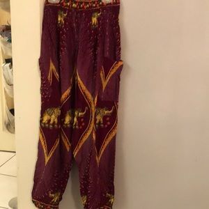 Boho Elephant Pants, red with gold elephants, pockets, 24”inseam